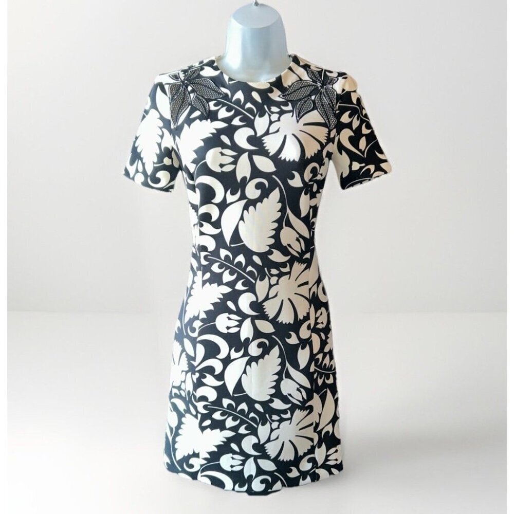Zara Bodycon Dress Short Sleeve Mini Floral Black White Stretch Women's Size XS